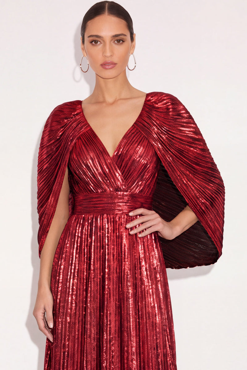 Laden Sie das Bild in den Galerie-Viewer, Glitzer Gold A-Linien V Ausschnitt Plissee Maxi Abendkleid mit Cape