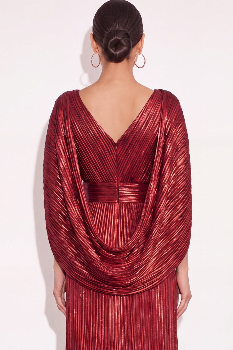 Laden Sie das Bild in den Galerie-Viewer, Glitzer Gold A-Linien V Ausschnitt Plissee Maxi Abendkleid mit Cape