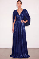 Laden Sie das Bild in den Galerie-Viewer, Glitzer Gold A-Linien V Ausschnitt Plissee Maxi Abendkleid mit Cape
