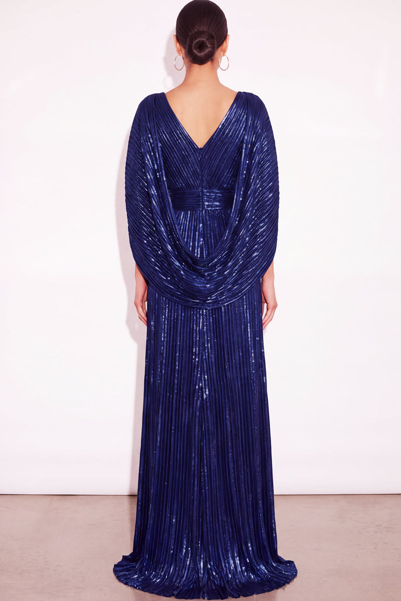 Laden Sie das Bild in den Galerie-Viewer, Glitzer Gold A-Linien V Ausschnitt Plissee Maxi Abendkleid mit Cape