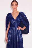 Laden Sie das Bild in den Galerie-Viewer, Glitzer Gold A-Linien V Ausschnitt Plissee Maxi Abendkleid mit Cape