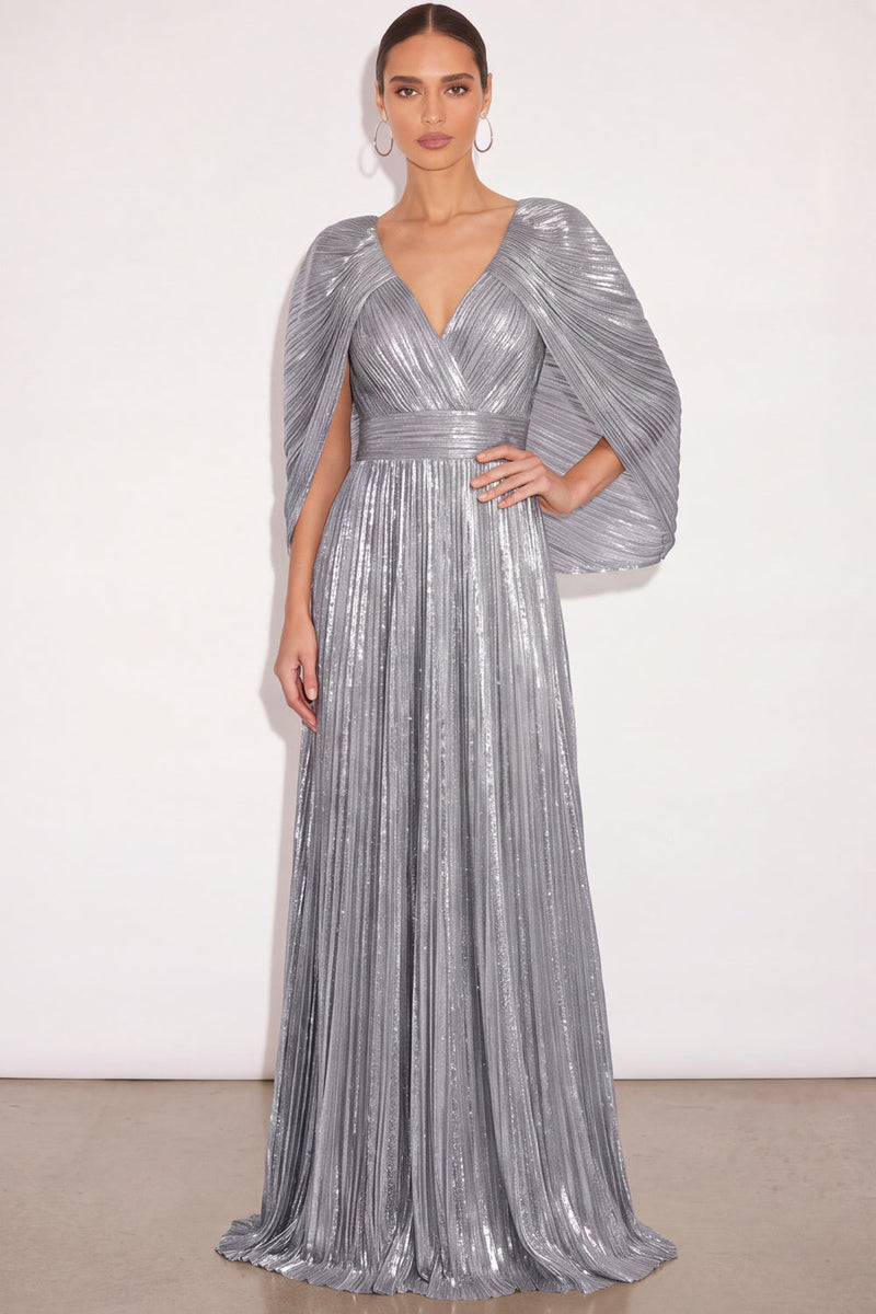 Laden Sie das Bild in den Galerie-Viewer, Glitzer Gold A-Linien V Ausschnitt Plissee Maxi Abendkleid mit Cape