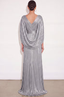 Laden Sie das Bild in den Galerie-Viewer, Glitzer Gold A-Linien V Ausschnitt Plissee Maxi Abendkleid mit Cape