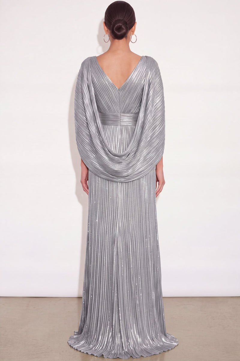 Laden Sie das Bild in den Galerie-Viewer, Glitzer Gold A-Linien V Ausschnitt Plissee Maxi Abendkleid mit Cape