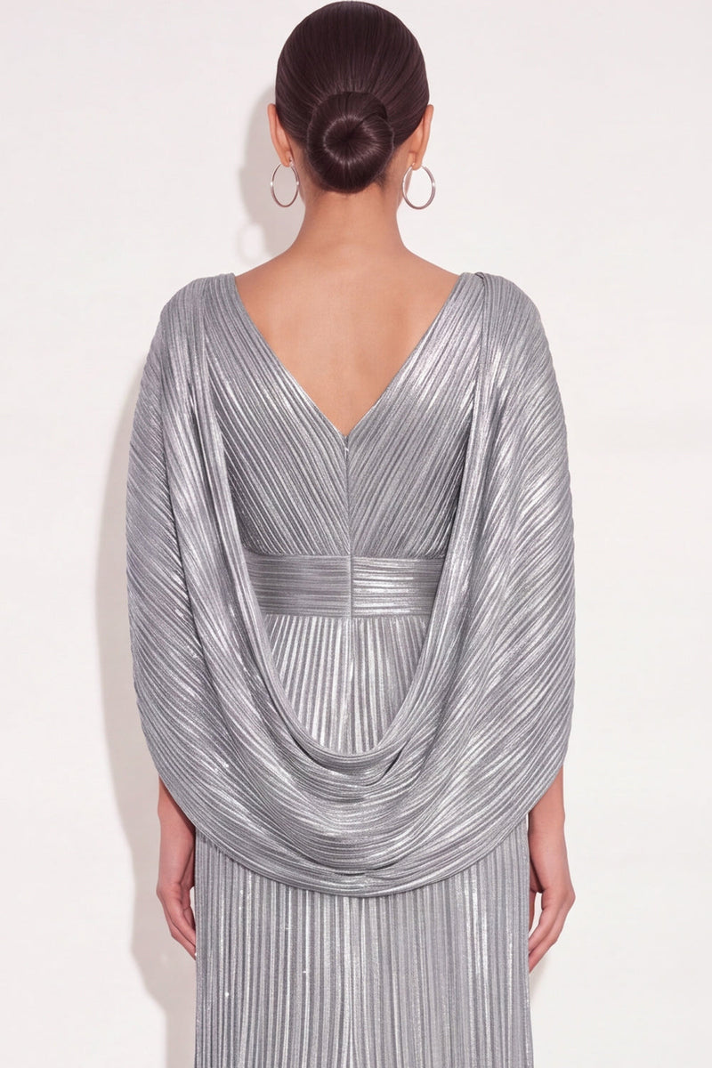 Laden Sie das Bild in den Galerie-Viewer, Glitzer Gold A-Linien V Ausschnitt Plissee Maxi Abendkleid mit Cape