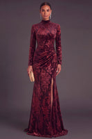Laden Sie das Bild in den Galerie-Viewer, Dunkelgrün Corsage Hochgeschlossener Ausschnitt Gerafft Langes Festliches Kleid mit Schlitz