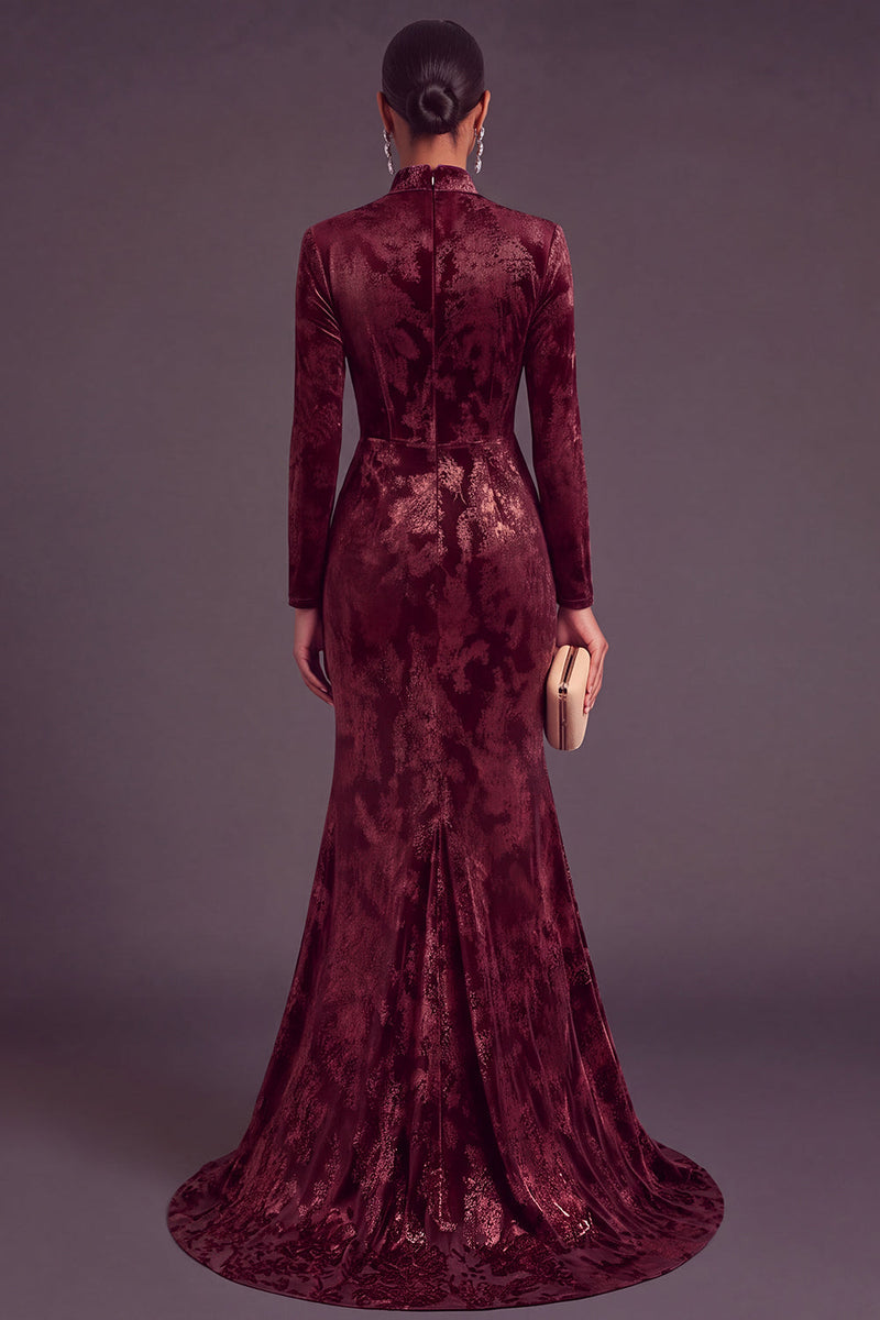 Laden Sie das Bild in den Galerie-Viewer, Dunkelgrün Corsage Hochgeschlossener Ausschnitt Gerafft Langes Festliches Kleid mit Schlitz