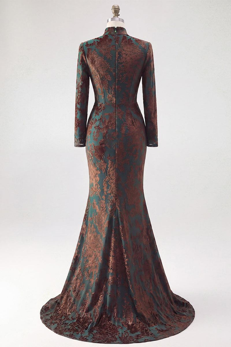 Laden Sie das Bild in den Galerie-Viewer, Dunkelgrün Corsage Hochgeschlossener Ausschnitt Gerafft Langes Festliches Kleid mit Schlitz