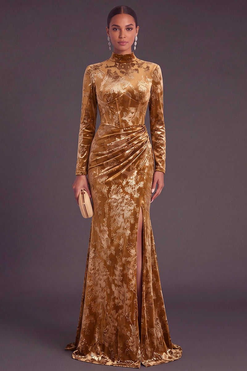 Laden Sie das Bild in den Galerie-Viewer, Dunkelgrün Corsage Hochgeschlossener Ausschnitt Gerafft Langes Festliches Kleid mit Schlitz