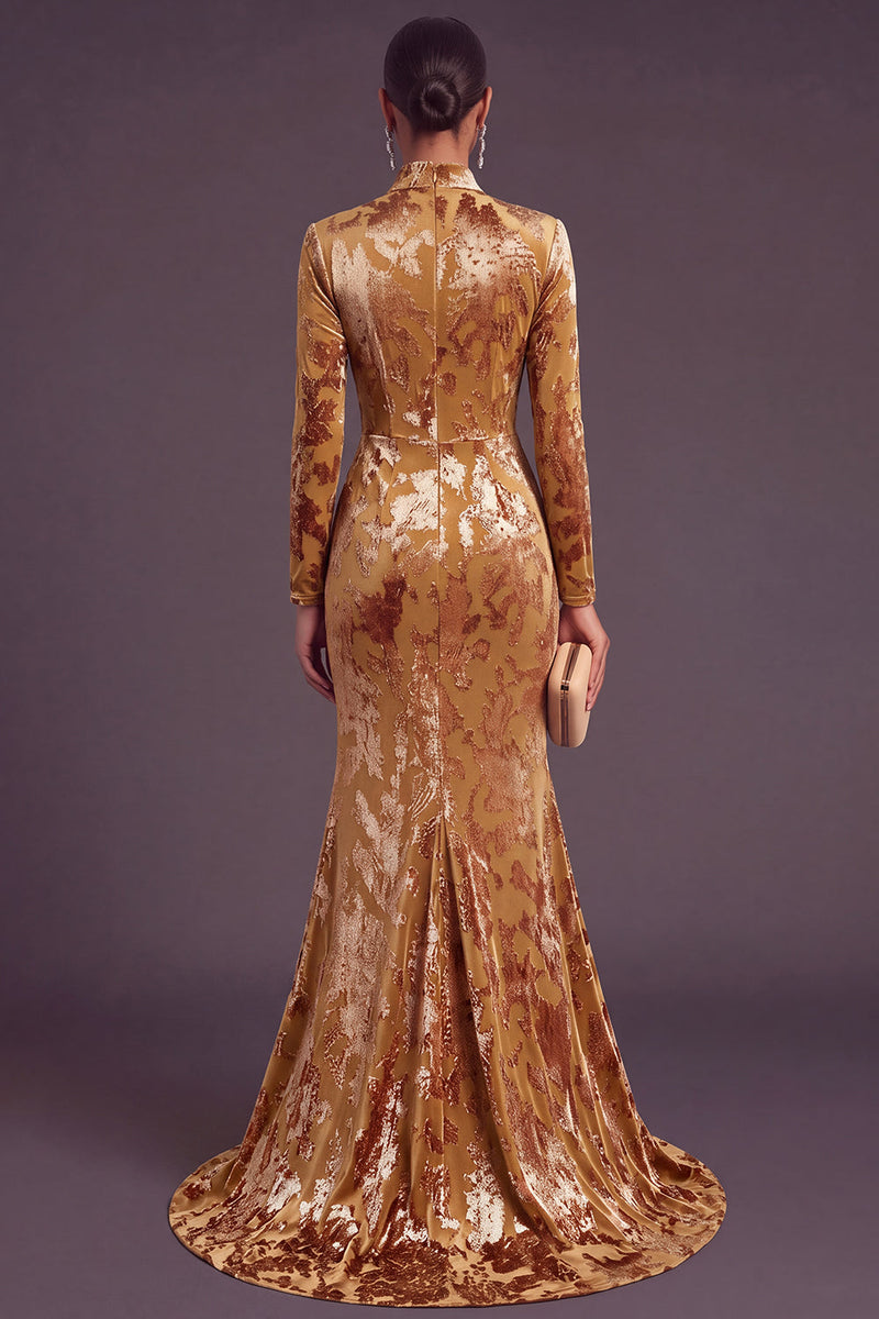 Laden Sie das Bild in den Galerie-Viewer, Dunkelgrün Corsage Hochgeschlossener Ausschnitt Gerafft Langes Festliches Kleid mit Schlitz