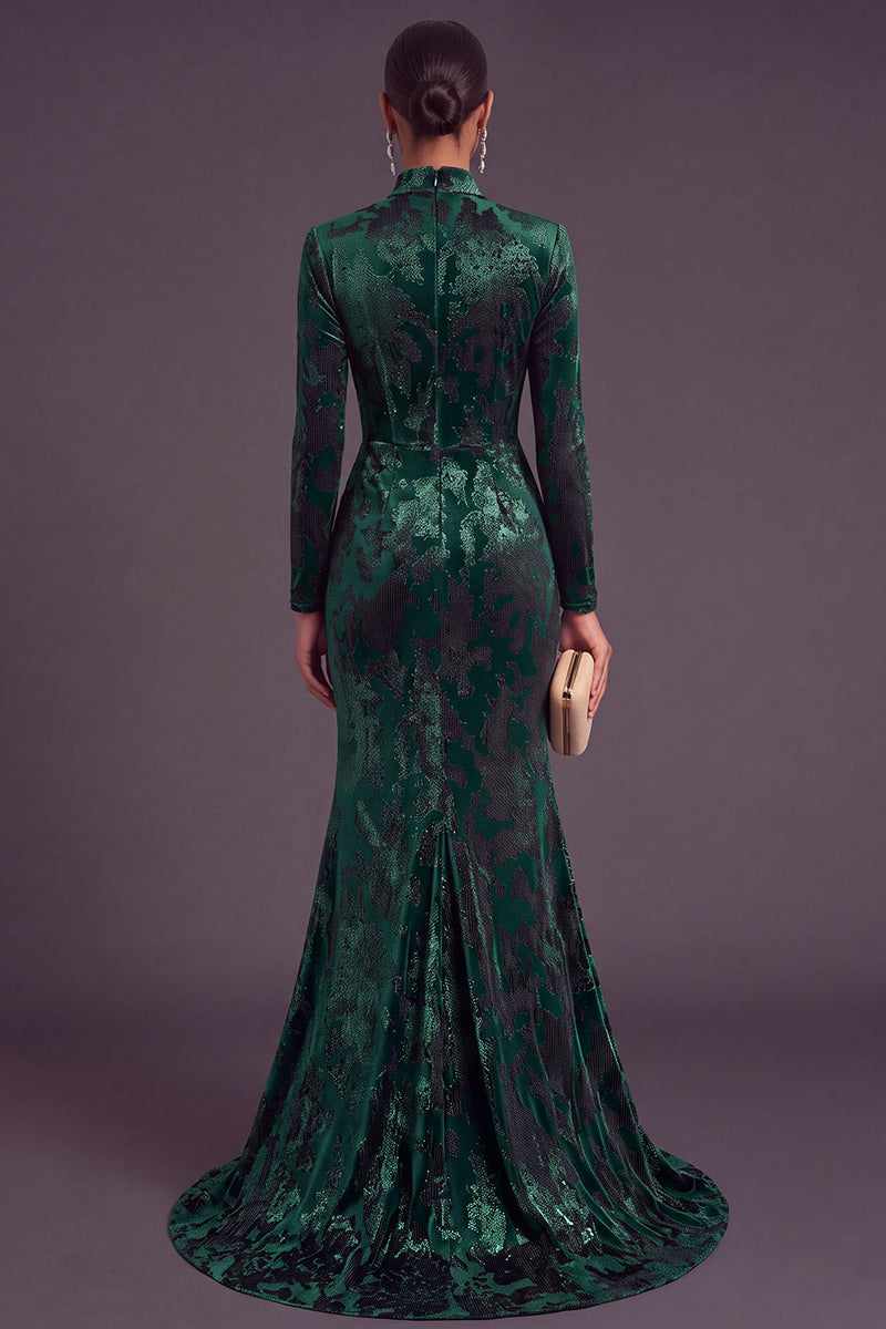 Laden Sie das Bild in den Galerie-Viewer, Dunkelgrün Corsage Hochgeschlossener Ausschnitt Gerafft Langes Festliches Kleid mit Schlitz