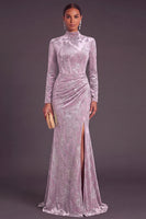 Laden Sie das Bild in den Galerie-Viewer, Dunkelgrün Corsage Hochgeschlossener Ausschnitt Gerafft Langes Festliches Kleid mit Schlitz