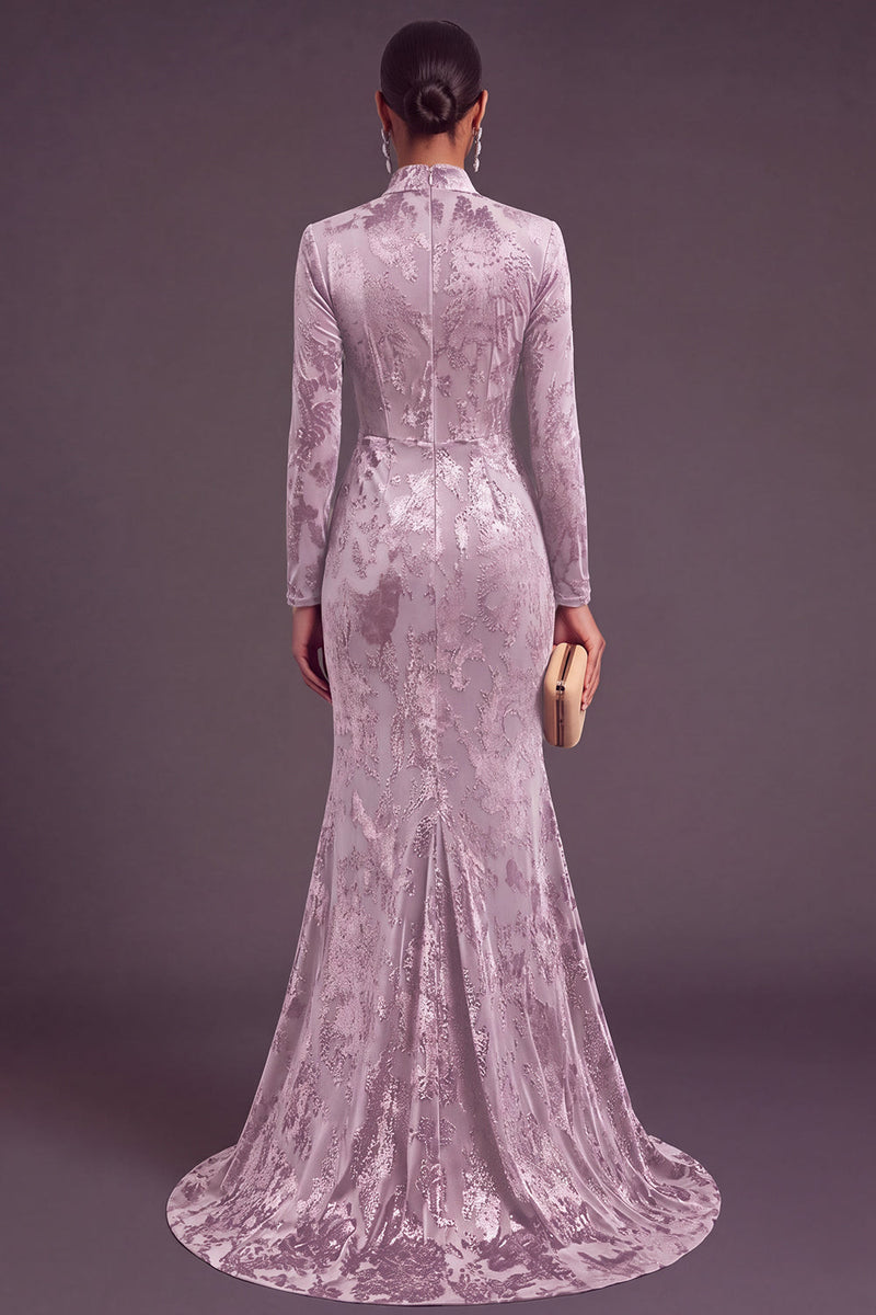 Laden Sie das Bild in den Galerie-Viewer, Dunkelgrün Corsage Hochgeschlossener Ausschnitt Gerafft Langes Festliches Kleid mit Schlitz