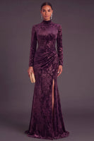 Laden Sie das Bild in den Galerie-Viewer, Dunkelgrün Corsage Hochgeschlossener Ausschnitt Gerafft Langes Festliches Kleid mit Schlitz
