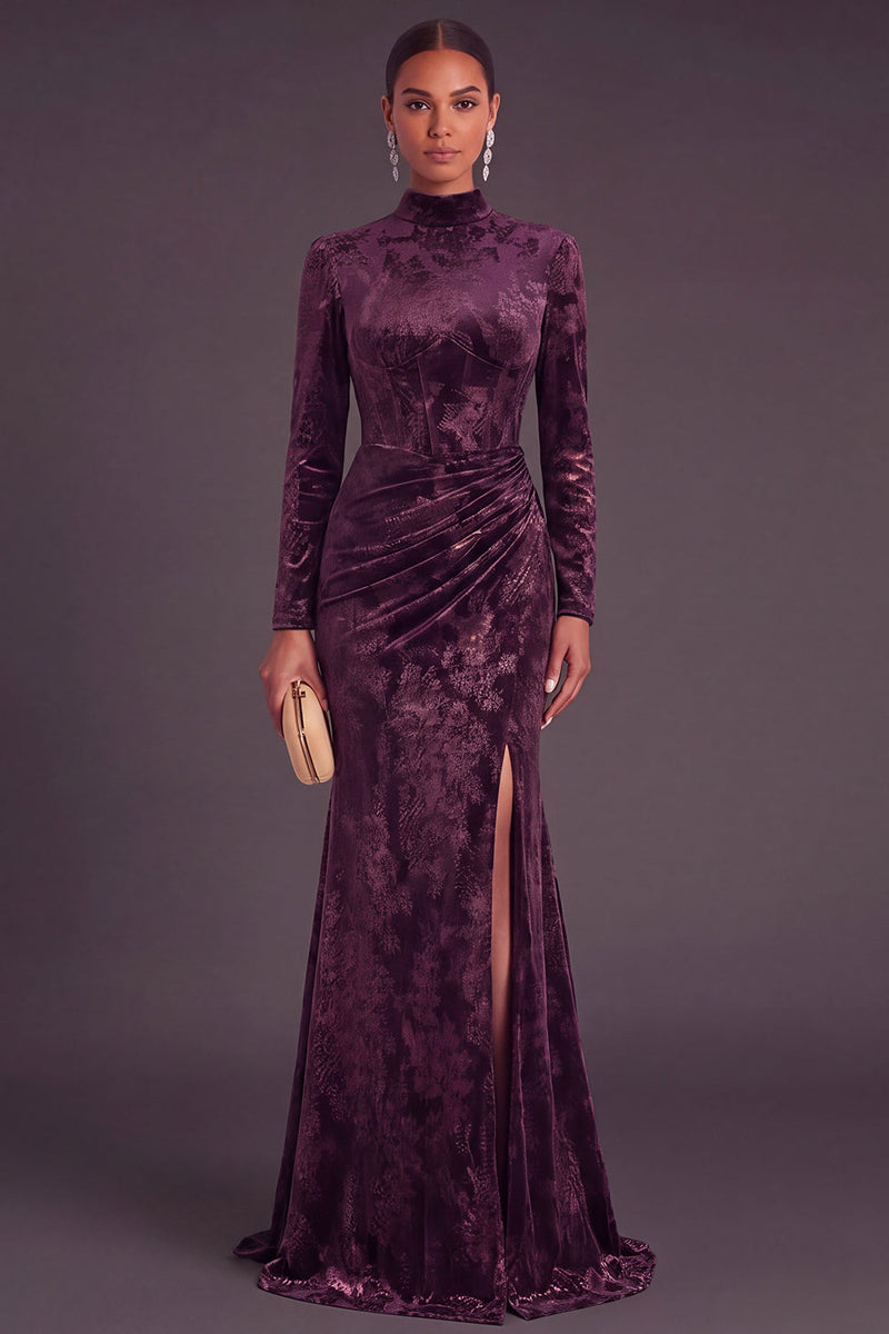Laden Sie das Bild in den Galerie-Viewer, Dunkelgrün Corsage Hochgeschlossener Ausschnitt Gerafft Langes Festliches Kleid mit Schlitz