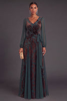 Laden Sie das Bild in den Galerie-Viewer, Leely Women Dark Green Long Floral Formal Dress with Sash A-Line V-Neck Velvet Holiday Dress with Sleeves