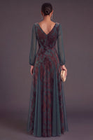 Laden Sie das Bild in den Galerie-Viewer, Dunkelgrün A-Linien V Ausschnitt Blumenmuster Langes Festliches Kleid mit Taillenband