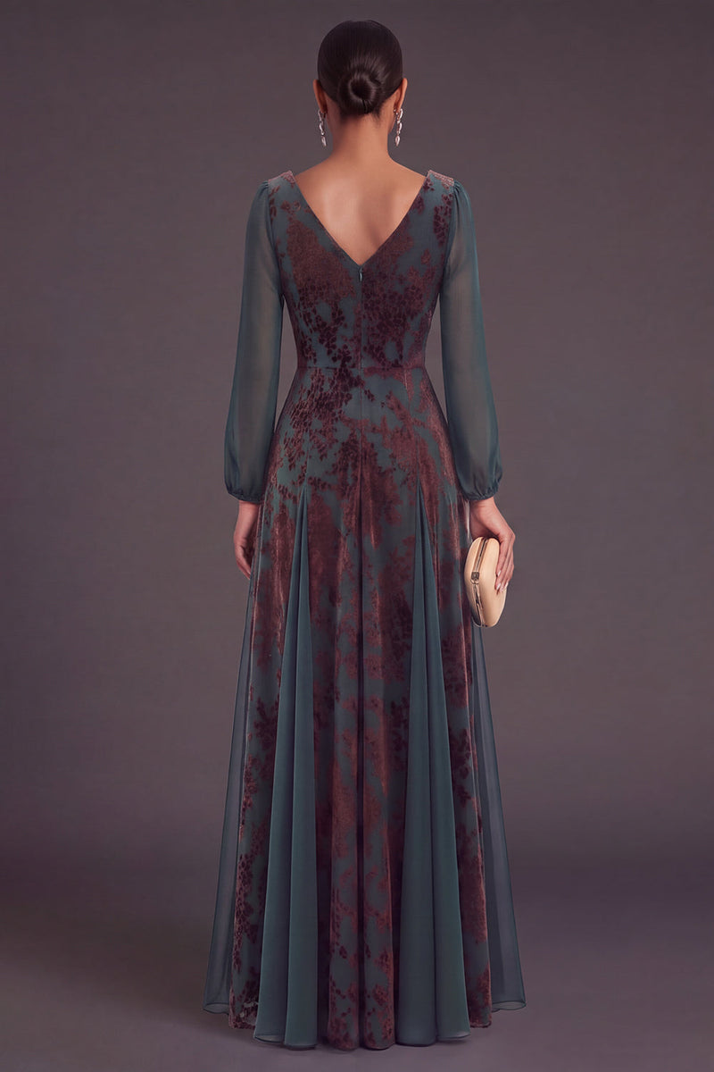 Laden Sie das Bild in den Galerie-Viewer, Dunkelgrün A-Linien V Ausschnitt Blumenmuster Langes Festliches Kleid mit Taillenband