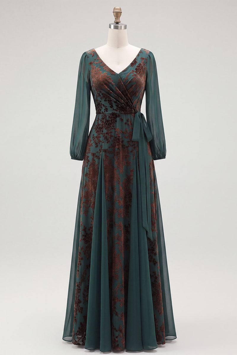 Laden Sie das Bild in den Galerie-Viewer, Dunkelgrün A-Linien V Ausschnitt Blumenmuster Langes Festliches Kleid mit Taillenband