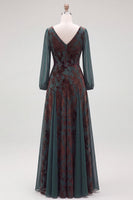 Laden Sie das Bild in den Galerie-Viewer, Dunkelgrün A-Linien V Ausschnitt Blumenmuster Langes Festliches Kleid mit Taillenband