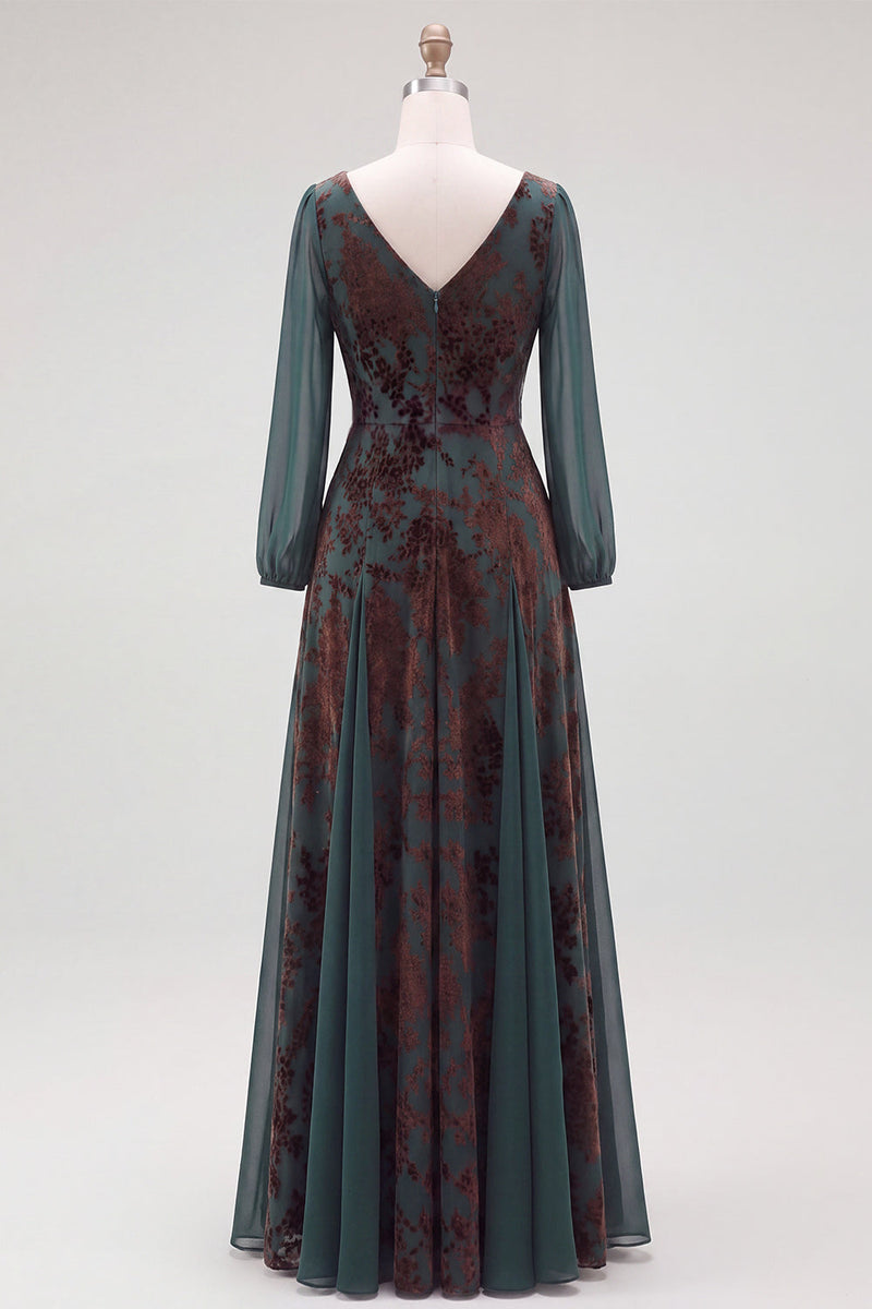 Laden Sie das Bild in den Galerie-Viewer, Dunkelgrün A-Linien V Ausschnitt Blumenmuster Langes Festliches Kleid mit Taillenband