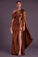 Laden Sie das Bild in den Galerie-Viewer, Gold Metallic-Look Ein-Schulter Meerjungfrau Gerafft Langes Abendkleid mit Schlitz