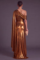Laden Sie das Bild in den Galerie-Viewer, Gold Metallic-Look Ein-Schulter Meerjungfrau Gerafft Langes Abendkleid mit Schlitz