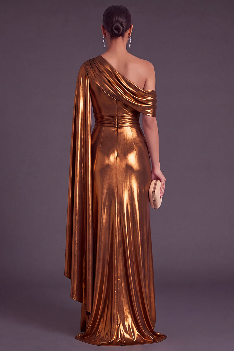 Laden Sie das Bild in den Galerie-Viewer, Gold Metallic-Look Ein-Schulter Meerjungfrau Gerafft Langes Abendkleid mit Schlitz
