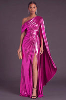 Laden Sie das Bild in den Galerie-Viewer, Gold Metallic-Look Ein-Schulter Meerjungfrau Gerafft Langes Abendkleid mit Schlitz