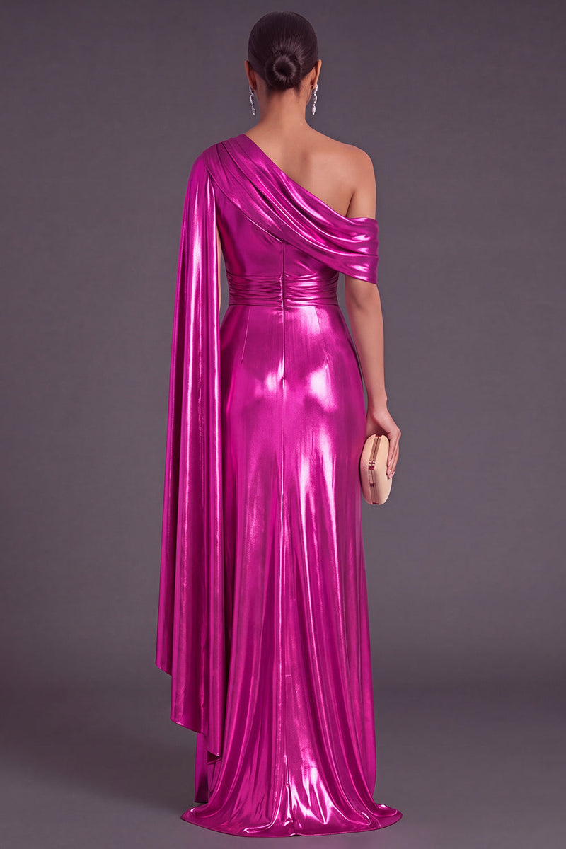 Laden Sie das Bild in den Galerie-Viewer, Gold Metallic-Look Ein-Schulter Meerjungfrau Gerafft Langes Abendkleid mit Schlitz