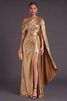Laden Sie das Bild in den Galerie-Viewer, Leely Women Gold Metallic Ruched Long Formal Dress with Slit One Shoulder Mermaid Black Tie Dress with Cape