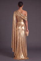 Laden Sie das Bild in den Galerie-Viewer, Gold Metallic-Look Ein-Schulter Meerjungfrau Gerafft Langes Abendkleid mit Schlitz