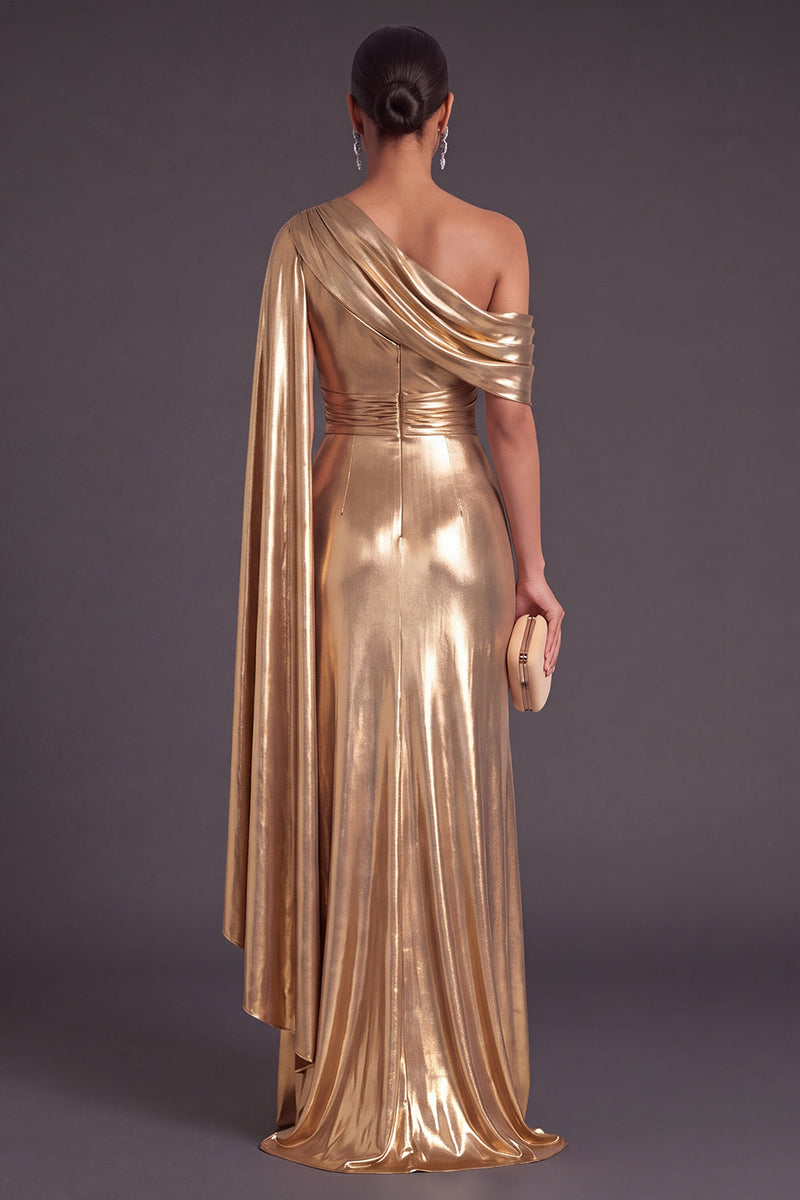 Laden Sie das Bild in den Galerie-Viewer, Gold Metallic-Look Ein-Schulter Meerjungfrau Gerafft Langes Abendkleid mit Schlitz