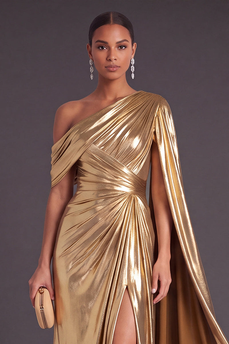Laden Sie das Bild in den Galerie-Viewer, Gold Metallic-Look Ein-Schulter Meerjungfrau Gerafft Langes Abendkleid mit Schlitz