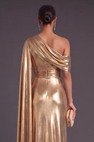 Laden Sie das Bild in den Galerie-Viewer, Gold Metallic-Look Ein-Schulter Meerjungfrau Gerafft Langes Abendkleid mit Schlitz