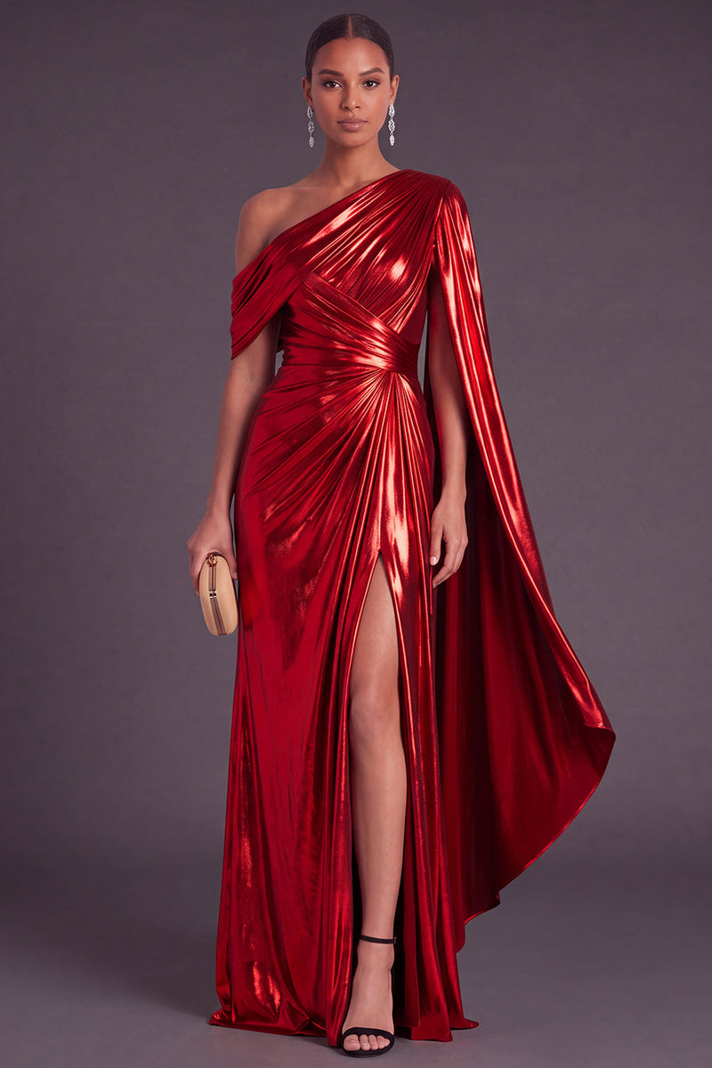 Laden Sie das Bild in den Galerie-Viewer, Gold Metallic-Look Ein-Schulter Meerjungfrau Gerafft Langes Abendkleid mit Schlitz