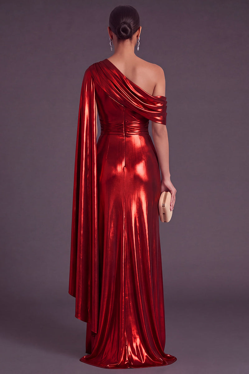 Laden Sie das Bild in den Galerie-Viewer, Gold Metallic-Look Ein-Schulter Meerjungfrau Gerafft Langes Abendkleid mit Schlitz