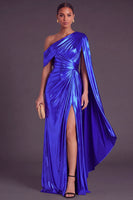 Laden Sie das Bild in den Galerie-Viewer, Gold Metallic-Look Ein-Schulter Meerjungfrau Gerafft Langes Abendkleid mit Schlitz
