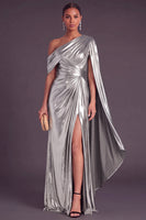 Laden Sie das Bild in den Galerie-Viewer, Gold Metallic-Look Ein-Schulter Meerjungfrau Gerafft Langes Abendkleid mit Schlitz