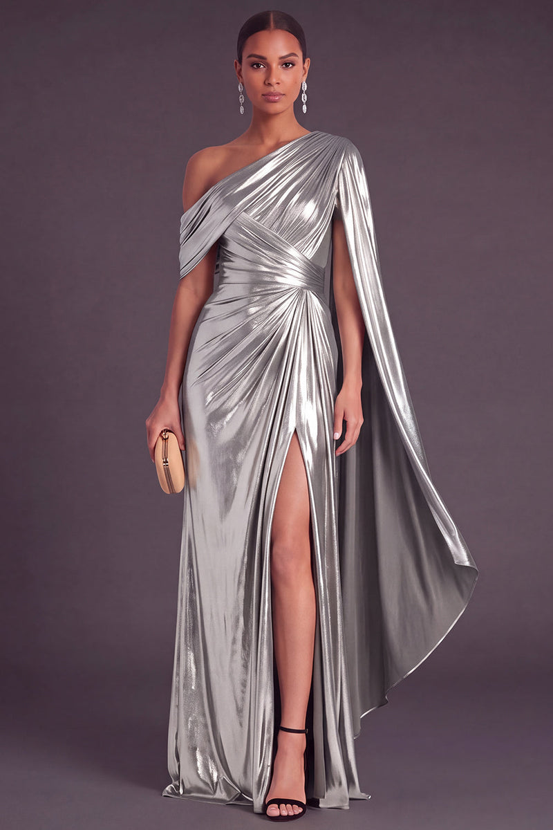 Laden Sie das Bild in den Galerie-Viewer, Gold Metallic-Look Ein-Schulter Meerjungfrau Gerafft Langes Abendkleid mit Schlitz