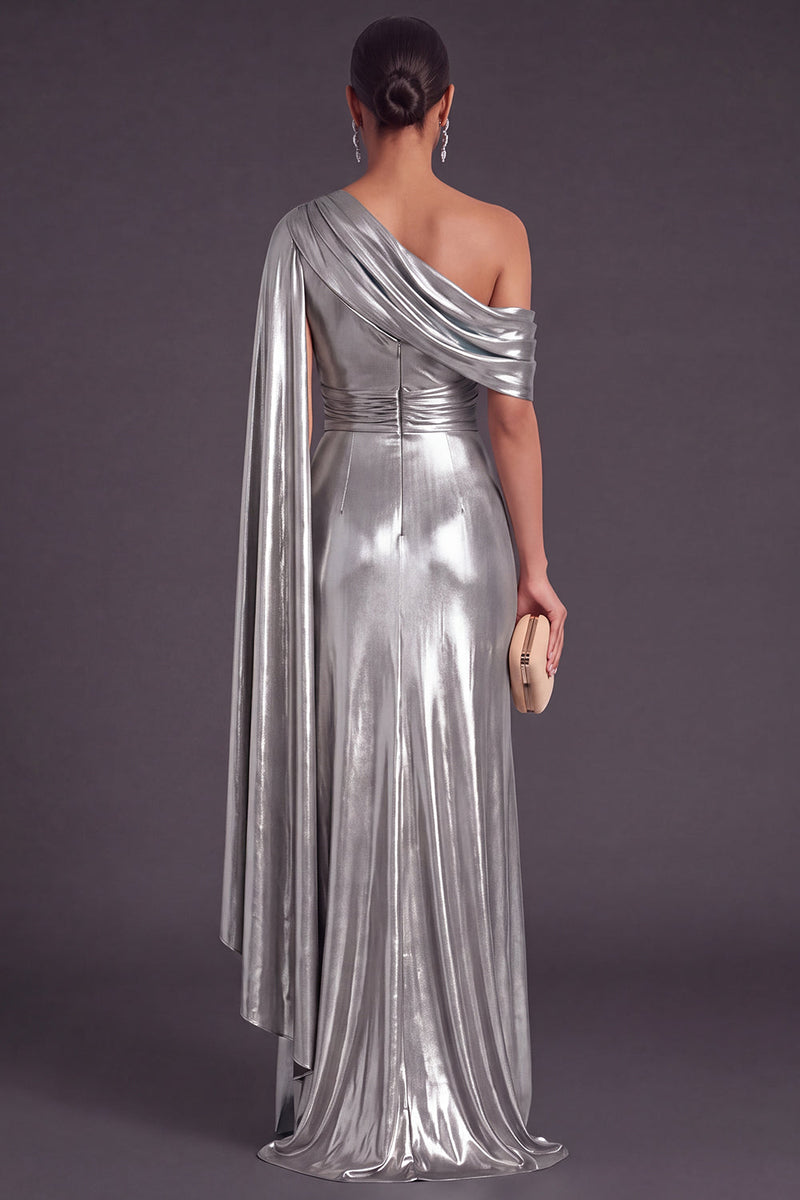 Laden Sie das Bild in den Galerie-Viewer, Gold Metallic-Look Ein-Schulter Meerjungfrau Gerafft Langes Abendkleid mit Schlitz