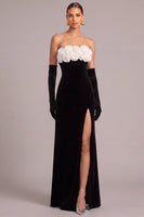 Laden Sie das Bild in den Galerie-Viewer, Leely Women Black Floral Long Velvet Formal Dress Strapless Mermaid Holiday Dress with Slit