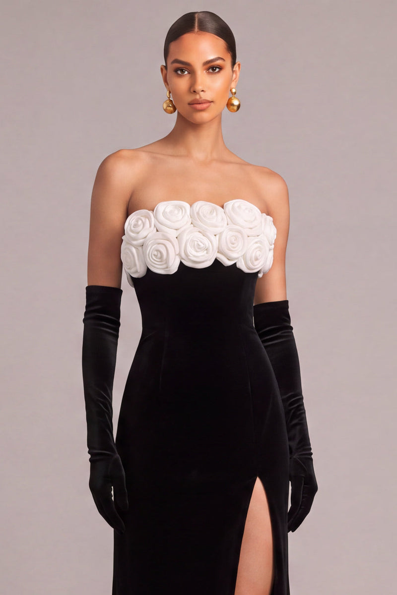 Laden Sie das Bild in den Galerie-Viewer, Schwarz Samt Meerjungfrau Ohne Träger Langes Abendkleid mit 3D-Blütenapplikationen