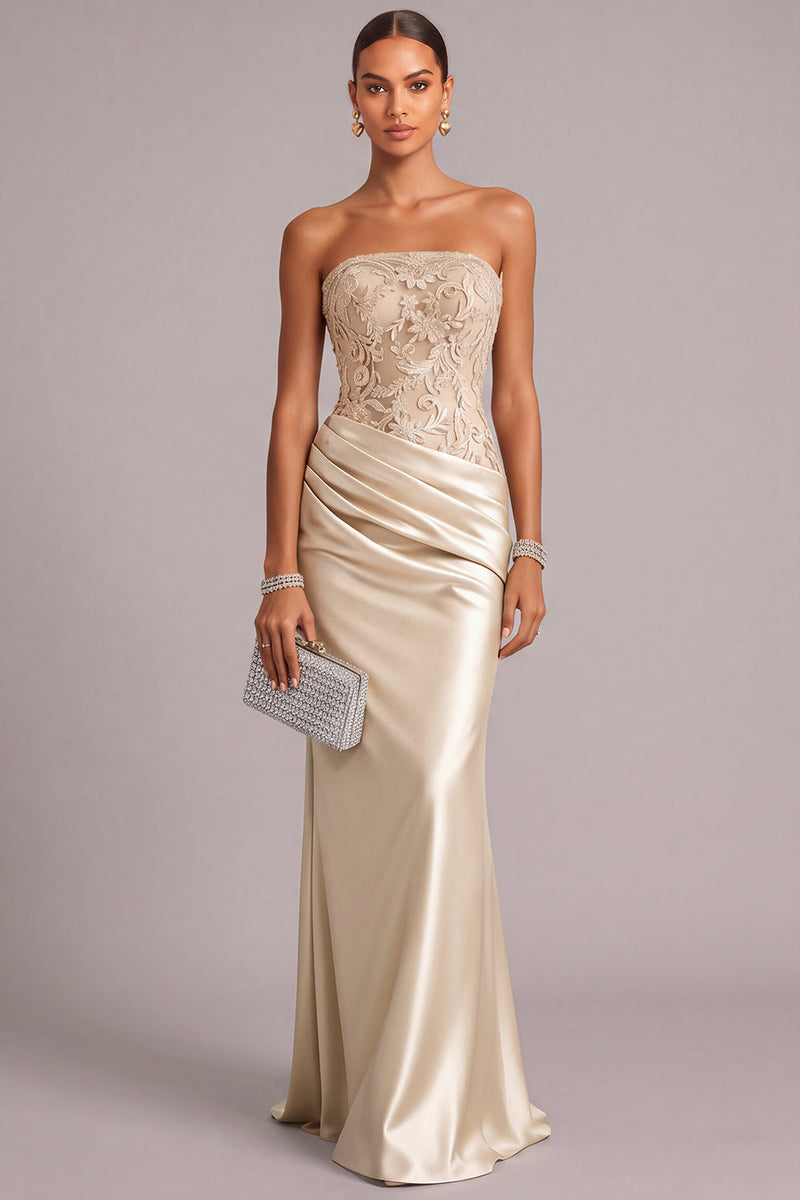 Laden Sie das Bild in den Galerie-Viewer, Leely Women Champagne Long Appliqued Formal Dress Mermaid Strapless Satin Ruched Lace Up Evening Dress Formal Wedding Guest Dress