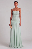 Laden Sie das Bild in den Galerie-Viewer, Leely Women Long Mint Sparkly Beaded Formal Dress Strapless A-Line Chiffon Wedding Guest Dress