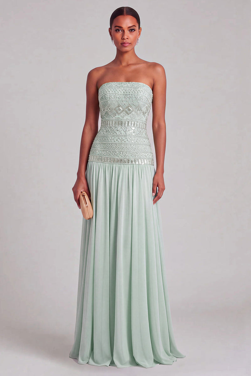 Laden Sie das Bild in den Galerie-Viewer, Leely Women Long Mint Sparkly Beaded Formal Dress Strapless A-Line Chiffon Wedding Guest Dress