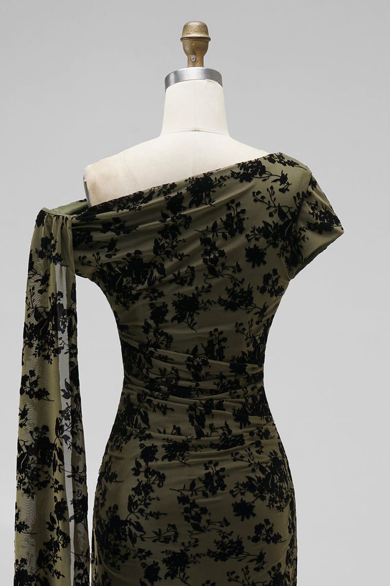 Laden Sie das Bild in den Galerie-Viewer, Dunkelgrün Blumenmuster Gerafft One Schulter Langes Festliches Kleid mit Taillenband