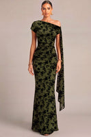 Laden Sie das Bild in den Galerie-Viewer, Dunkelgrün Blumenmuster Gerafft One Schulter Langes Festliches Kleid mit Taillenband