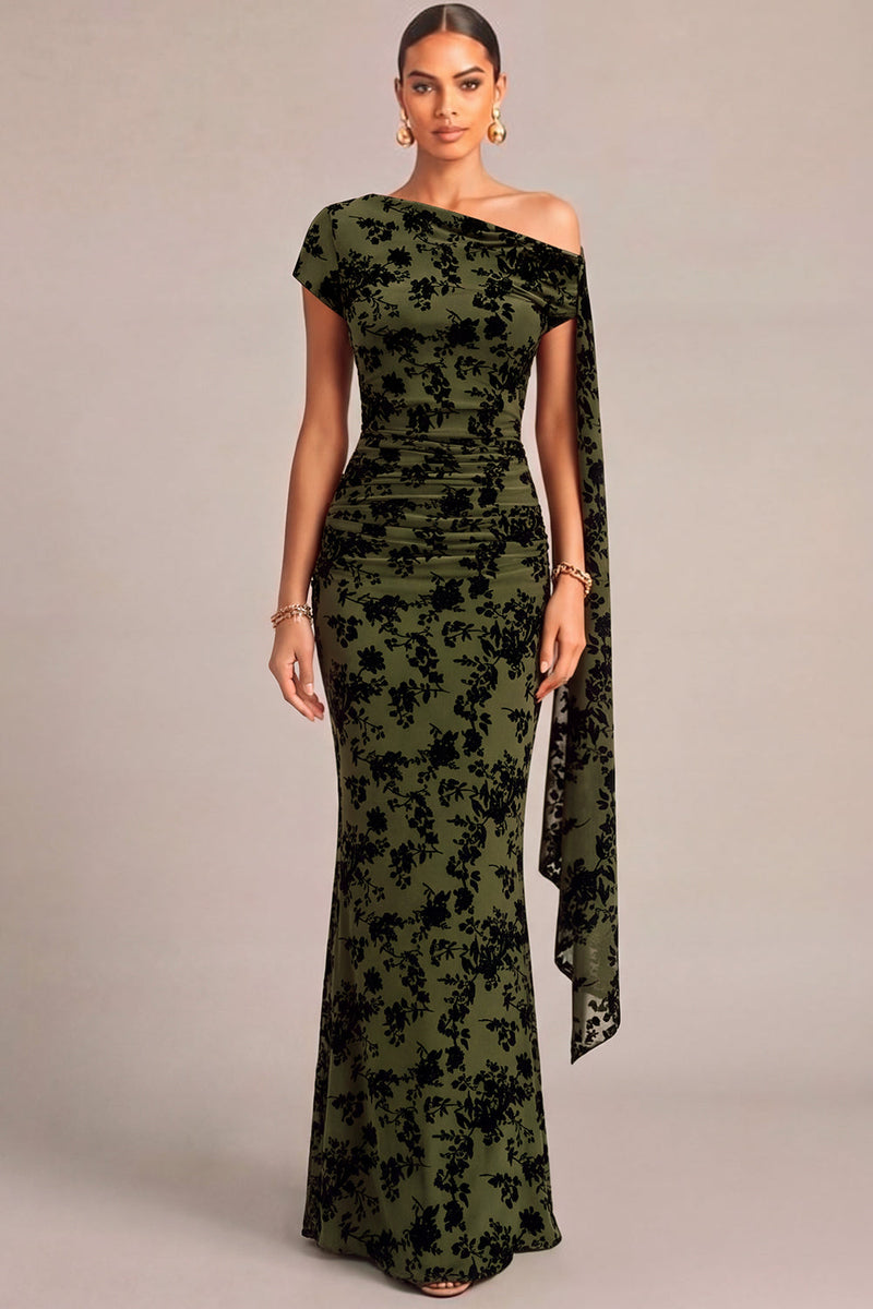Laden Sie das Bild in den Galerie-Viewer, Dunkelgrün Blumenmuster Gerafft One Schulter Langes Festliches Kleid mit Taillenband