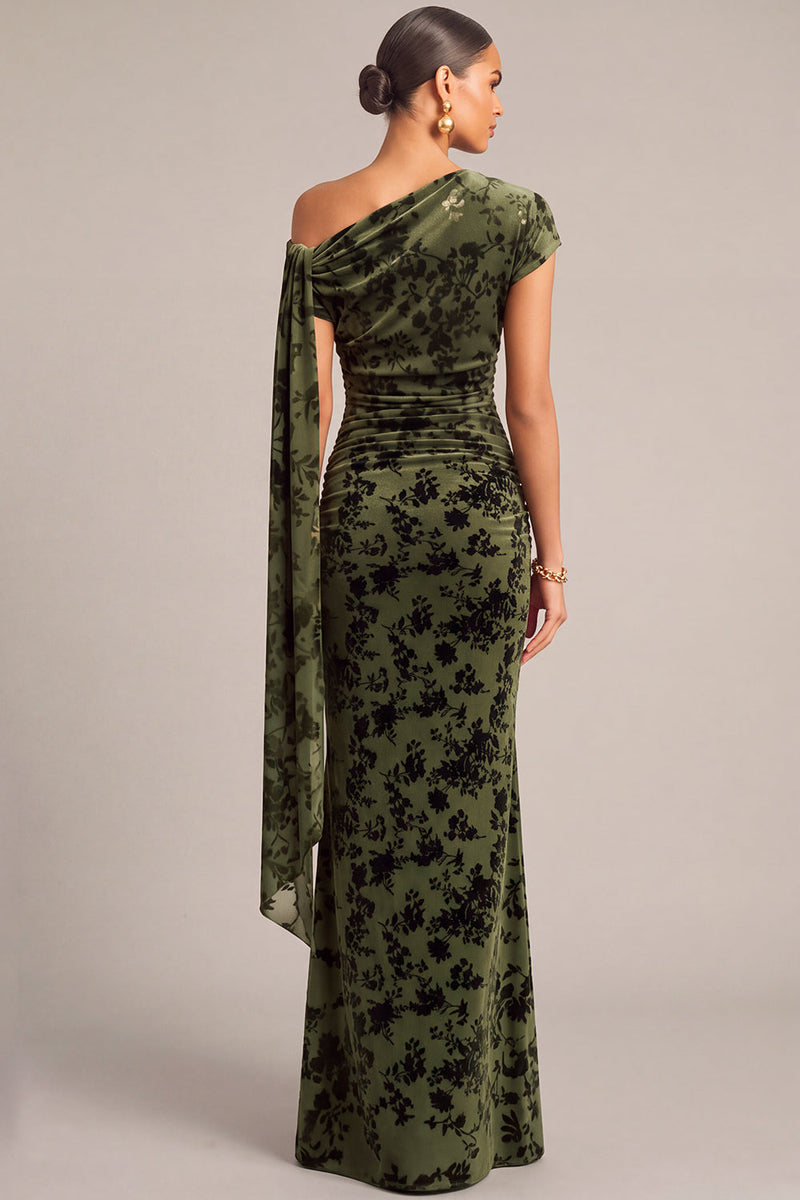 Laden Sie das Bild in den Galerie-Viewer, Dunkelgrün Blumenmuster Gerafft One Schulter Langes Festliches Kleid mit Taillenband